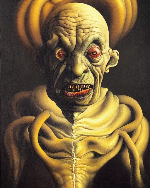 Prompt: refined gorgeous blended oil painting with black background by christian rex van minnen rachel ruysch dali todd schorr of a chiaroscuro portrait of an extremely bizarre disturbing old wrinkled man with shiny alien skin dutch golden age vanitas intense chiaroscuro cast shadows obscuring features dramatic lighting perfect composition masterpiece