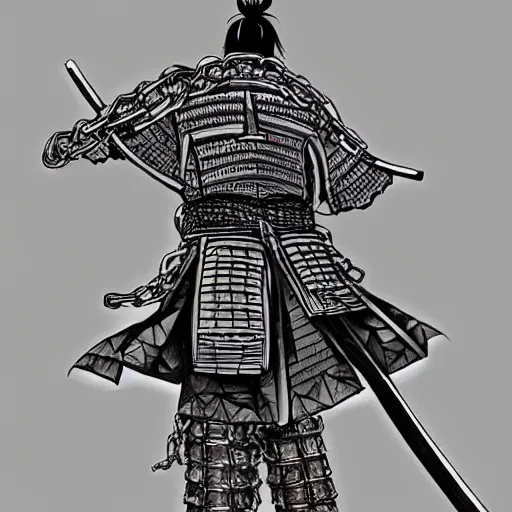 Prompt: A FULL BODY PORTRAIT FROM BEHIND OF A SAMURAI ,THE MAN kEEPS A KUSARIGAMA AND IT IS WRAPPED IN CHAINS ,detailed, concept art, ink style , sketch