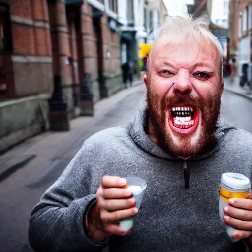Image similar to british man with bad teeth, street photography, 4k