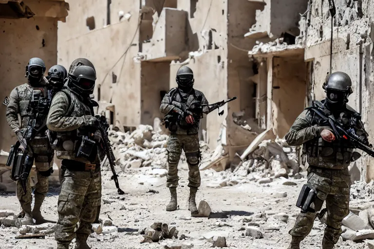 Prompt: Mercenary Special Forces soldiers in grey uniforms with black armored vest and black helmets in urban warfare in Syria 2022, Canon EOS R3, f/1.4, ISO 200, 1/160s, 8K, RAW, unedited, symmetrical balance, in-frame, combat photography