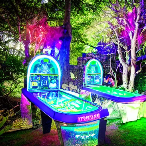 Prompt: al fresco arcade holographic pinball tables in the garden ruins, tree spirits kodama forestfolk excitedly gather round to set a new high score, neon pinball fantasy forest festival