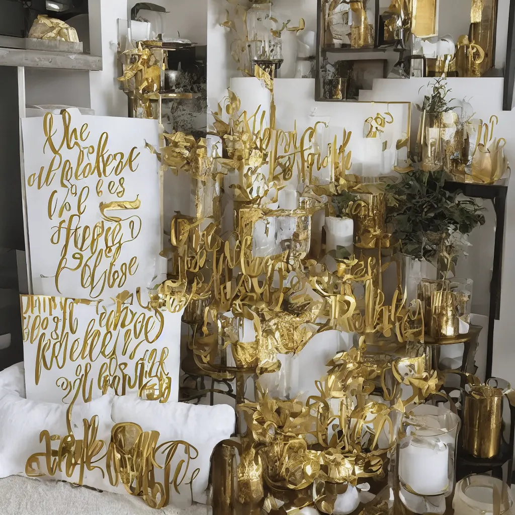 Prompt: 3 meaningless verbs printed as home decoration items, golden font, pointless