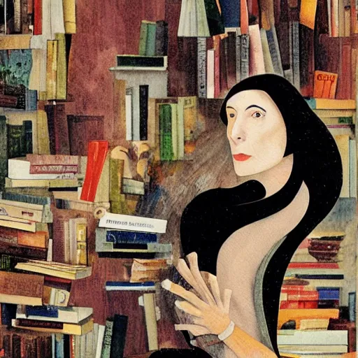 Prompt: the philosopher woman recludes from the world surrounded by a pile of books, art by dave mckean and leonora carrington