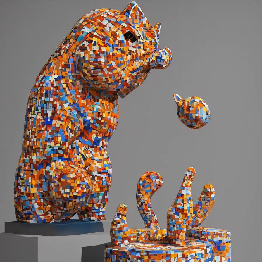 Image similar to beautiful gallery show studio photograph of a giant realistic geometric ceramic sculpture of garfield cat!!!!, heavily glazed by bridget riley and victor vasarely, placed on a polished wooden table, colorful hyperrealism 8 k trending on artstation