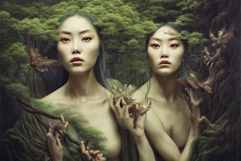 Prompt: wuxia, forest, moonlight, gemma chen, madison beer, pinup, intricate beautiful faces, painting by agostino arrivabene, vanessa beecroft, anka zhuravleva, mary jane ansell, peter mohbacher, gerald brom