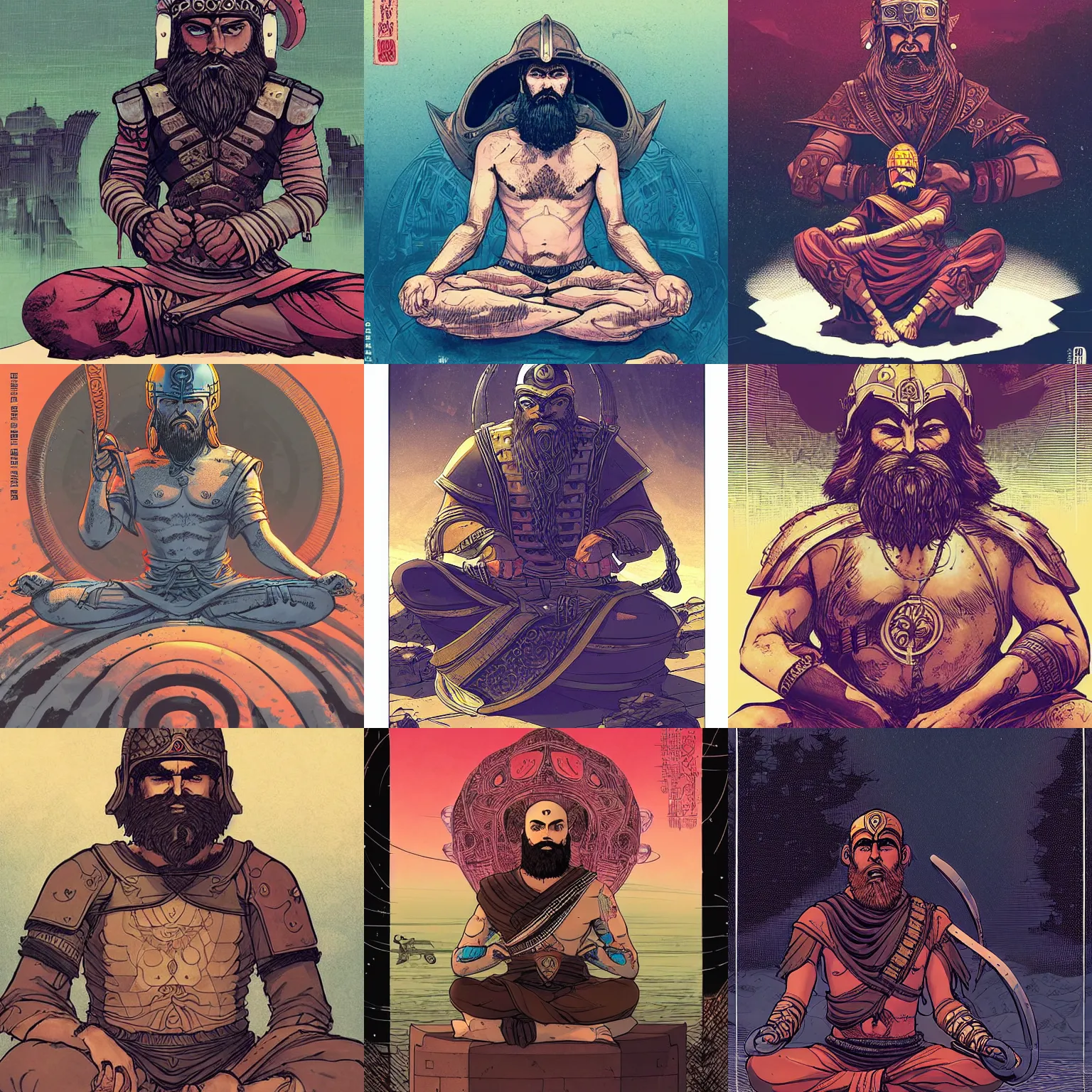 Prompt: badass bearded saddhu with a spartan helmet meditating, by borderlands and by feng zhu and loish and laurie greasley, victo ngai, andreas rocha, john harris