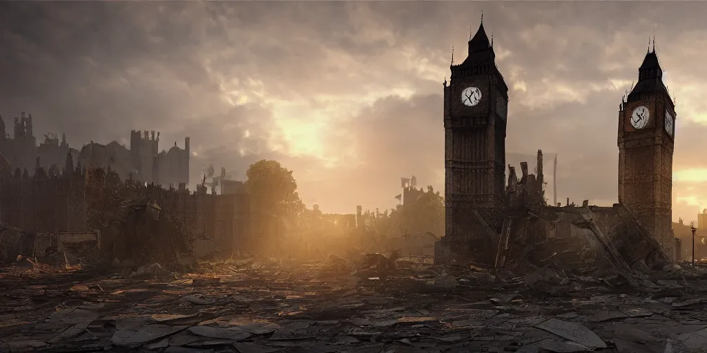 Image similar to a destroyed clock tower in a destroyed London at sunrise, ruins, clouds in the sky, concept art, octane render, unreal engine 5, trending on Artstation, high quality, 8K, soft lighting, highly detailed, trending on DeviantArt, mossy, apocaliptic, serene landscape, beautiful, cgsociety, godrays, path traced
