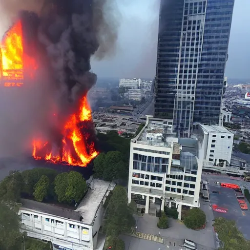 Prompt: wide angle shot from aerial view of skyscraper on fire, with police and firetrucks on street, police car lights