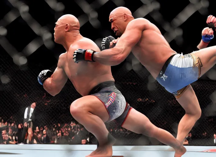 Prompt: dwayne the rock johnson knocking out an opponent in the ufc, 4 k, photorealistic