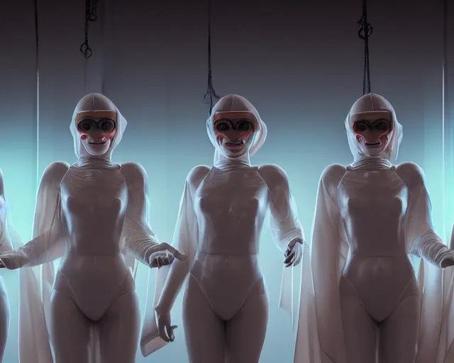 Image similar to a film still of three synthetic female human oracles wrapped in white cloth, face markings, beautiful, neotokyo, cinematic lighting, high resolution, 4 k