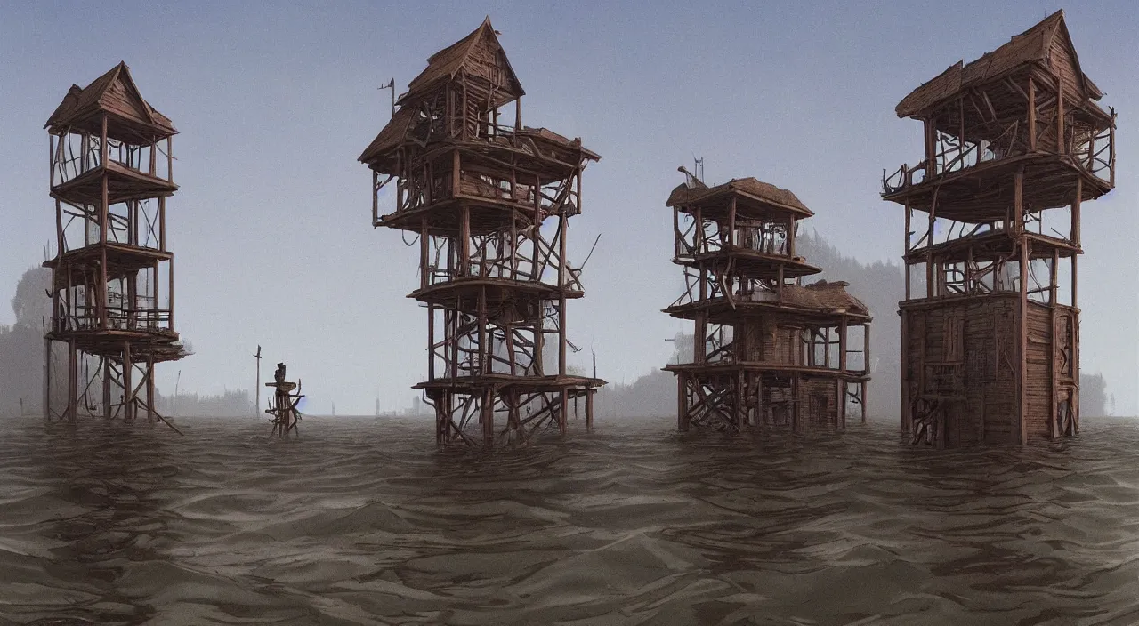 Prompt: single flooded simple wooden tower, very coherent and colorful high contrast ultradetailed photorealistic masterpiece by david ligare simon stalenhag, dark shadows, sunny day, hard lighting