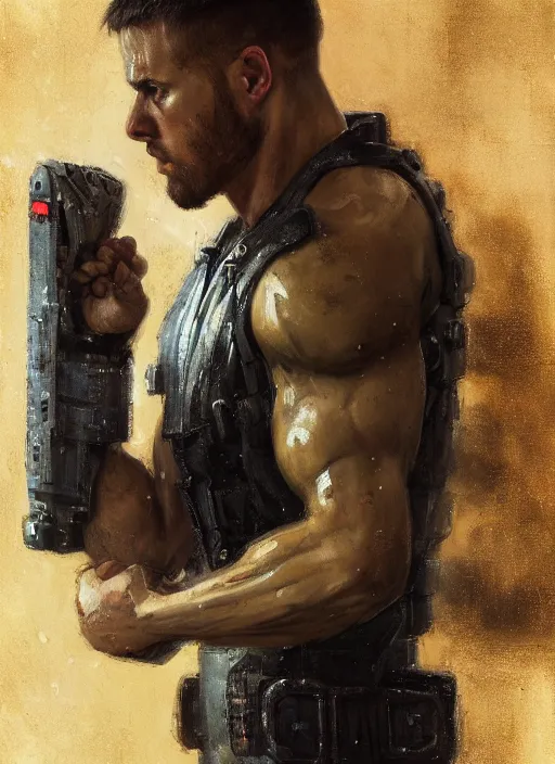 Prompt: weightlifter with super large robot arms. cyberpunk mercenary in a military vest ( blade runner 2 0 4 9, cyberpunk 2 0 7 7 ). orientalist portrait by john william waterhouse and james gurney and theodore ralli and nasreddine dinet, oil on canvas. cinematic, hyper realism, realistic proportions, dramatic lighting, high detail 4 k