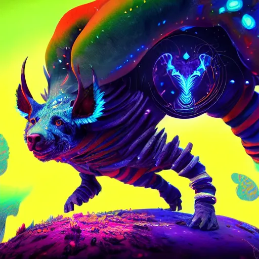 Prompt: a heroic psychedelic random animal, hero character art, generative, wearing hero costume, by MADHOUSE and greg rutkowski and Salvador Dali a vibrant fantasy lovecraftian style, octane, unreal engine, cinematic lighting, raytracing, 4k, hyperdetailed, bright and dark, hd, HDR, high contrast,