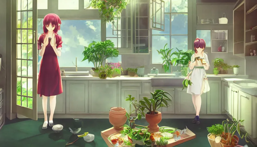 Prompt: a woman standing in a kitchen next to a plant, a storybook illustration by kiyohara tama, pixiv contest winner, magic realism, pixiv, official art, anime aesthetic