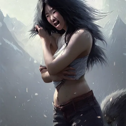 Image similar to very beautiful asian girl becoming a ferocious werewolf, large teeth, epic digital painting, art by greg rutkowski and raymond swanland, extreme detail