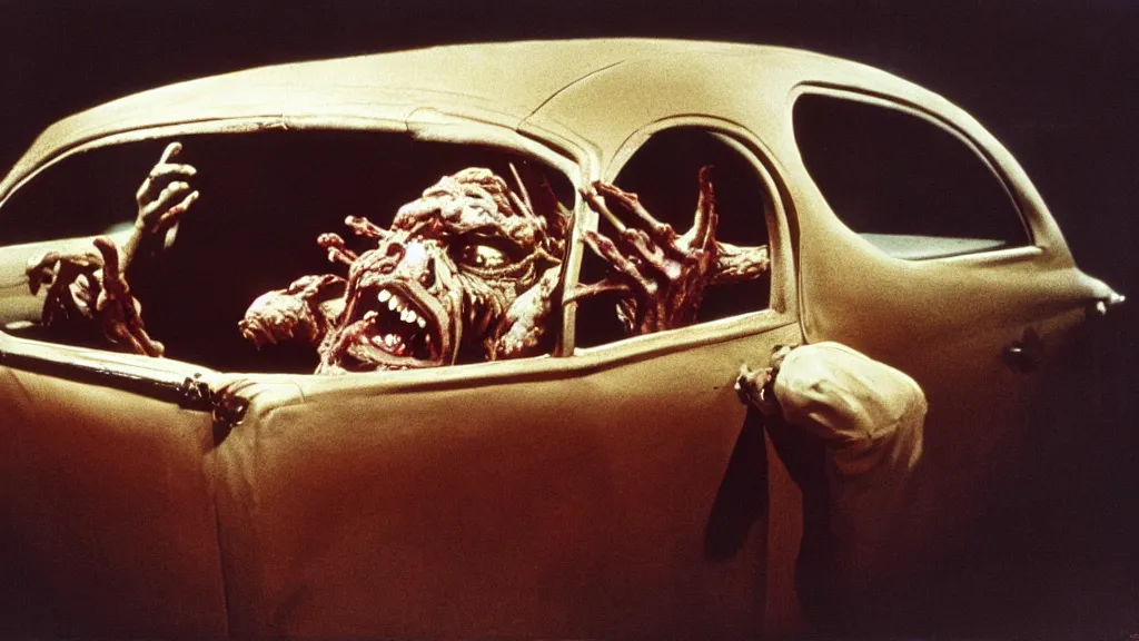 Image similar to the creature sits in a car, made of wax and oil, film still from the movie directed by David Cronenberg with art direction by Salvador Dalí, wide lens