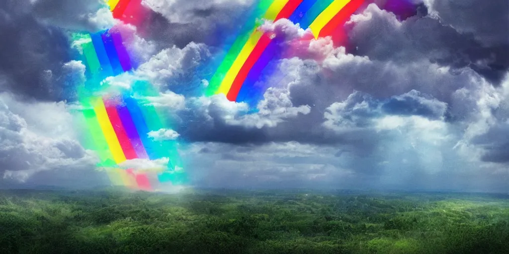 Image similar to i have set my rainbow in the clouds, and it will be the sign of the covenant between me and the earth. i will remember my covenant between me and you and all living creatures of every kind. never again will the waters become a flood to destroy all life. also, skittles. 7 0 mm. digital art 3 d render. dramatic lighting. silent running.