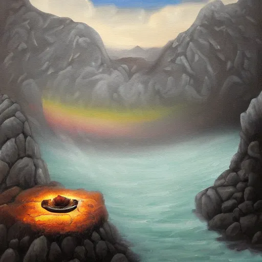 Image similar to highly detailed oil painting of a rainbow hotspring within dark grey cavern, black dragon sitting in the middle