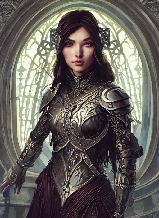 Image similar to Muscular and powerful medieval knight woman portrait, art nouveau, fantasy, intricate flower designs, elegant, highly detailed, sharp focus, art by Artgerm and Greg Rutkowski