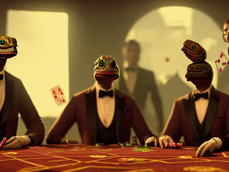 Image similar to hyperrealism simulation highly detailed human turtles'wearing detailed tuxedos and smoking, playing poker in surreal scene from cyberpunk movie from future by wes anderson and denis villeneuve and mike winkelmann rendered in blender and octane render
