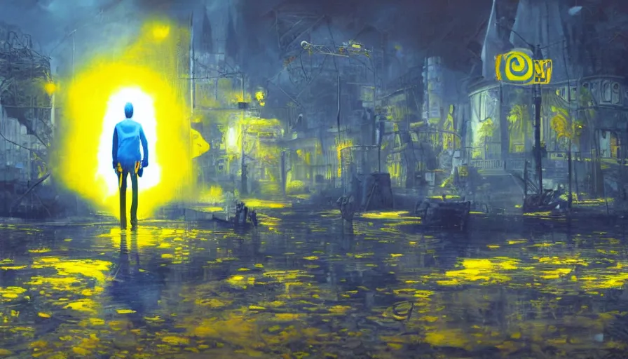 Prompt: Video game world as it is being deleted, detailed oil painting, hyperrealistic, surreal, blue and yellow color scheme, intense malaise