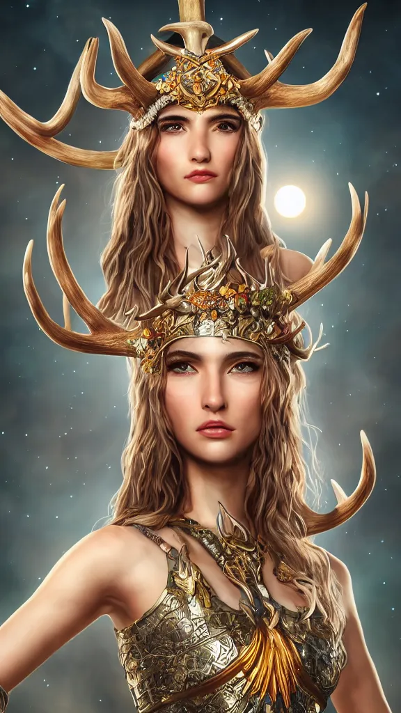 Prompt: portrait of Artemis, goddess of the hunt and the moon, wearing an antler crown, studio lightning, bright colors, intricate, masterpiece, photorealistic, hiperrealistic, sharp focus, high contrast, Artstation HQ, DeviantArt trending, 4k UHD, Unreal Engine 5