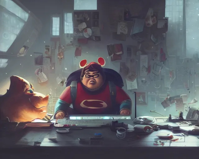 Image similar to an insanely detailed painting of a slightly chubby, nerdy asian man wearing a superhero costume, sitting at a desk, staring at the nervously at the computer and typing, in the style of peter mohrbacher, dramatic lighting and composition, octane render, pixar, trending on artstation, concept art, comic book, view from behind