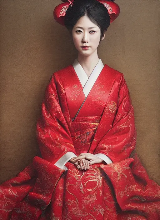 Prompt: portrait of attractive japanese lady wearing regal ceremonial attire, intricate details, red dress, ultra - realistic, studio lighting, photographed by greg rutkowski