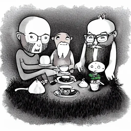 Image similar to small creatures having tea party in a humans beard. in a style of hayao miyazaki.