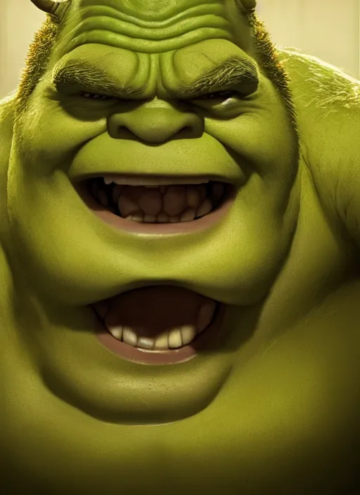 Image similar to portrait of shrek as hulk, naturel, hyper detailed, digital art, trending in artstation, cinematic lighting, studio quality, smooth render, unreal engine 5 rendered, octane rendered, art style by klimt and nixeu and ian sprigger and wlop and krenz cushart.