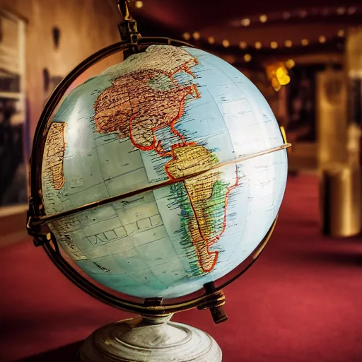 Image similar to medium-shot fantasy world globe in the museum, dreamy mood light, bokeh,