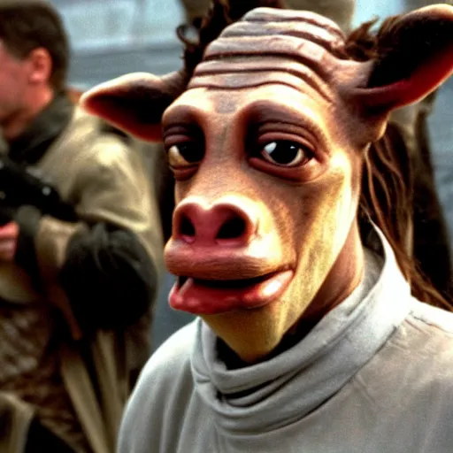 Prompt: jar jar binks, an yugoslavian war criminal, photo by reuters