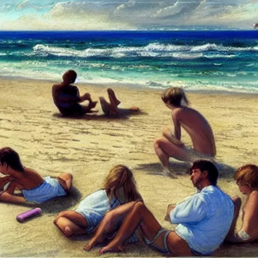 Image similar to A beautiful drawing of a group of people on a beach. The colors are muted and the overall tone is serene. The people are all engaged in different activities, from reading to playing games, and the artwork seems to be capturing a moment of peace and relaxation. by Robert Hagan, by Luis Royo