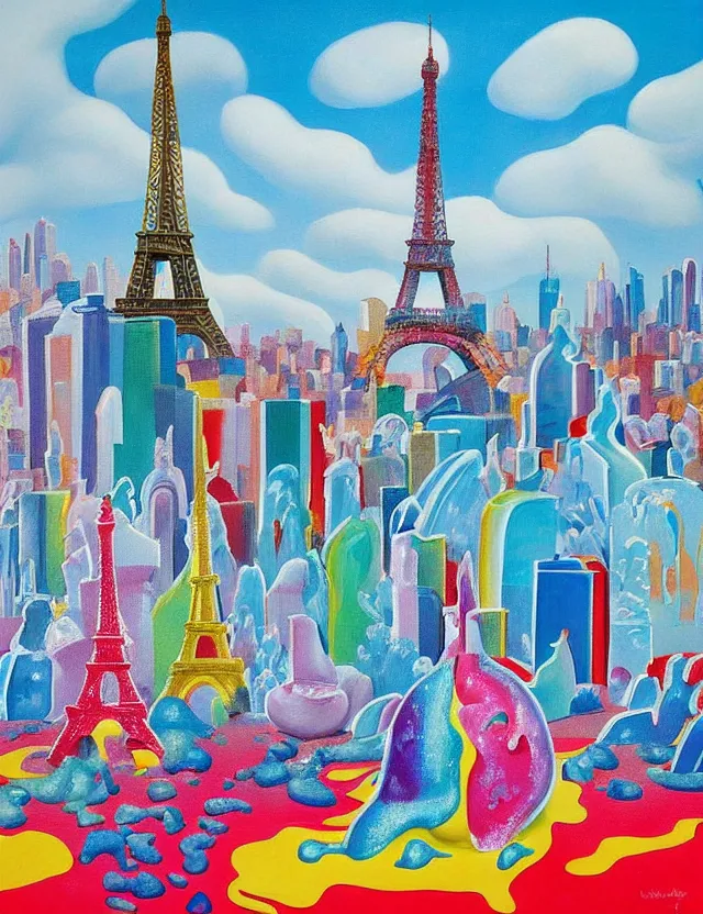 Prompt: a funny painting of ice sculptures made of colorful melting icecream in the shape of the skyline of paris and 1 eiffel tower on a very bright sunny summer day, very hot and the ice is melting fast and people are swimming their way through the icecream in the style of james jean and fernando botero