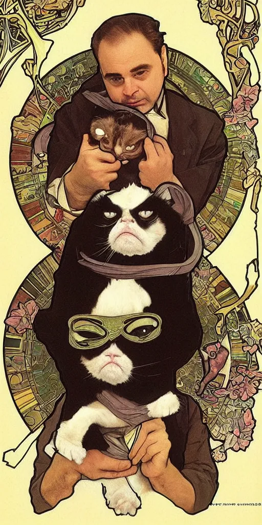 Image similar to “ george costanza from seinfeld holding grumpy cat, halo, art nouveau, extremely detailed, by alphonse mucha ”