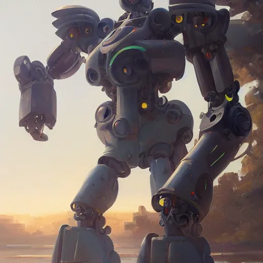 Image similar to an intricate oil painting of a giant anime robot with rounded and circular parts by steve henderson and greg rutkowski