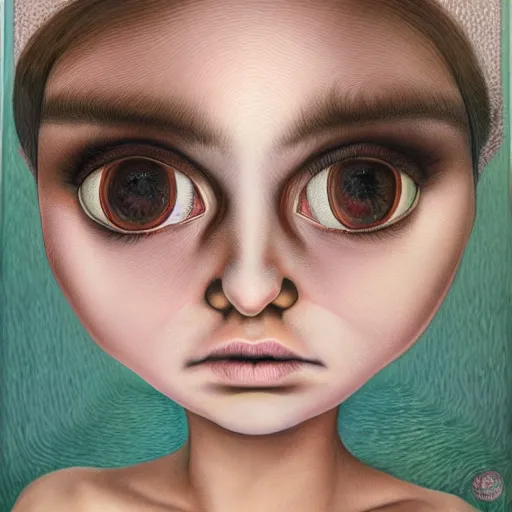 Prompt: hyper detailed painting of a girl with big eyes in the style of artist mark ryden, symmetrical composition, in a landscape