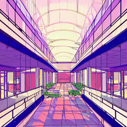 Prompt: illustration in pastel colors of the main atrium of a 1 9 9 0 s mall with abstract neons