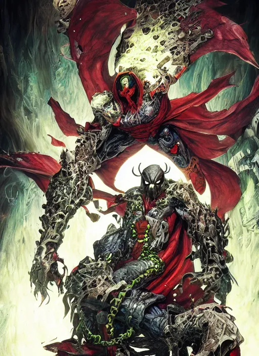 Image similar to first issue of spawn comic book cover art, au naturel, hyper detailed, digital art, trending in artstation, cinematic lighting, studio quality, smooth render, unreal engine 5 rendered, octane rendered, art style by klimt and nixeu and ian sprigger and wlop and krenz cushart