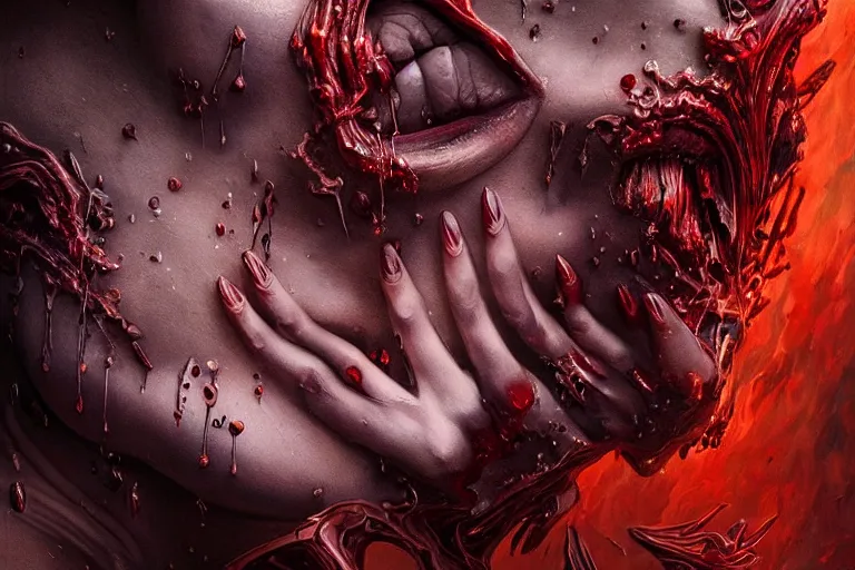 Image similar to surreal Portrait of beautiful seductive Dark demonic godeness of destruction and war covered in blood in dmt chromatic surreal liquid enviroment , elegant, highly detailed, smooth, photoreal, sharp focus, illustration, beautiful, geometric, dmt trending on artstation, cinematic, artwork by WLOP