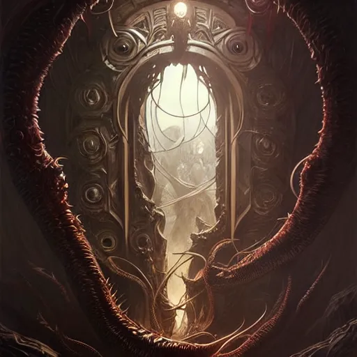 Image similar to Evil portal to Cthulu, filled with madness and monsters. Epic fantasy art, Lovecraftian, award winning on Artstation, intricate, elegant, highly detailed, digital painting, art by artgerm and greg rutkowski and alphonse mucha and lovecraft.