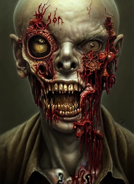 Prompt: portrait shot of a rotting zombie, intricate, elegant, highly detailed, centered, digital painting, artstation, concept art, smooth, sharp focus, illustration, artgerm, tomasz alen kopera, peter mohrbacher, donato giancola, joseph christian leyendecker, wlop, boris vallejo