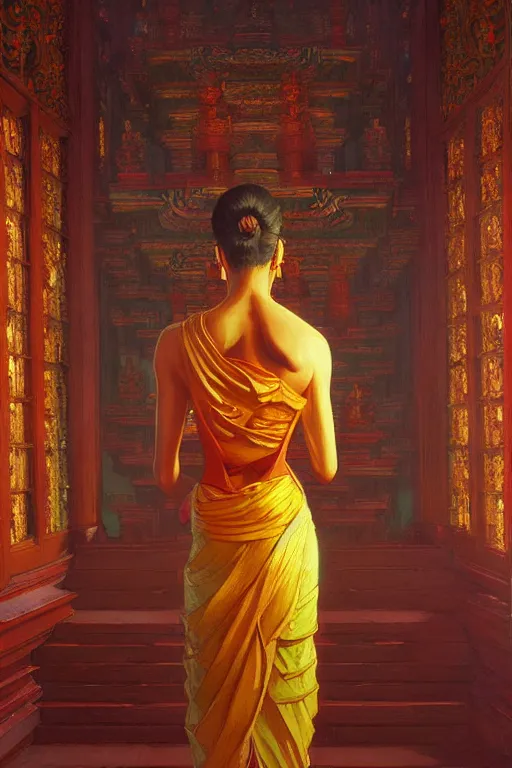 Prompt: temple, buddhism, painting by greg rutkowski, artgerm, vincent van gogh, j. c. leyendecker