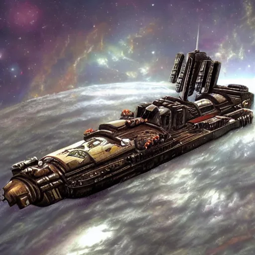 Prompt: Photorealistic, Warhammer 40k Batttlebarge, Space