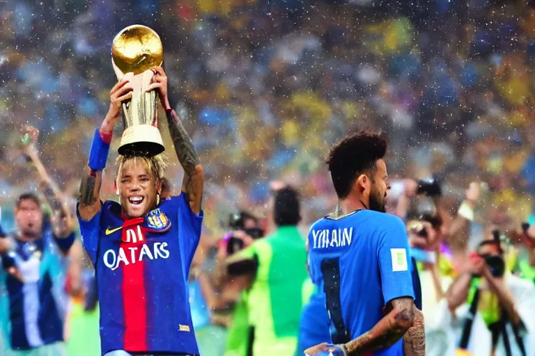 Image similar to neymar jr lifting the world cup, cinematic, dramatic, color grading, photojournalism, colorful, highly detailed