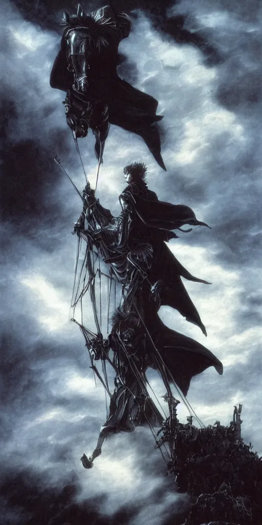 Image similar to donquixote alone in the night during a stormcloud with dramatic airbrushed clouds over black background by Luis royo and Caravaggio airbrush fantasy 80s, realistic masterpiece