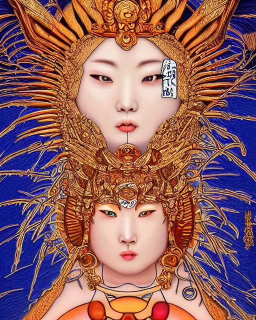 Image similar to hyper realistic portrait photo of ameterasu the sun goddess of japan, portrait shot, intricate detail