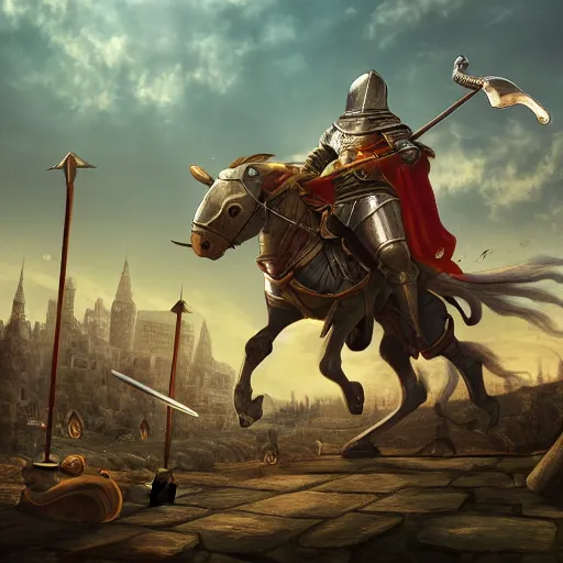 Image similar to Medieval knight with his sword drawn riding on top of a huge snail in a medieval city, wide shot, detailed, 4K, digital art, cinematic lighting, dynamic lighting, ambient lighting, award winning art