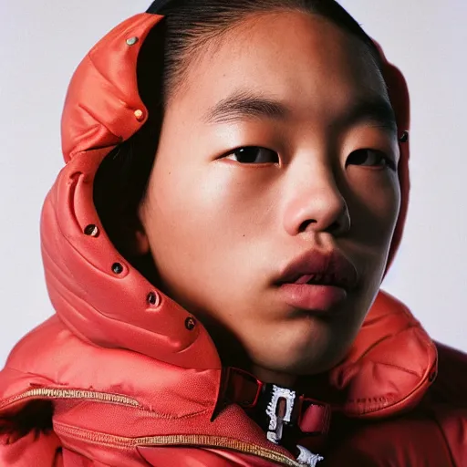 Image similar to realistic photoshooting for a new balenciaga lookbook, color film photography, portrait of a blonde asian woman, model wearing a puffer jacket, photo in style of tyler mitchell, 3 5 mm,