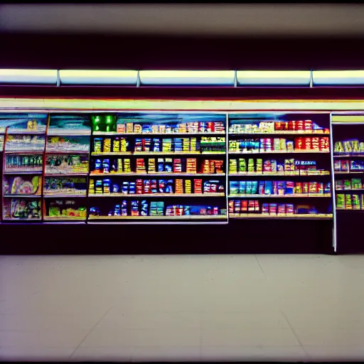 Image similar to cinestill 5 0 d photograph of the inside of an empty convenience store, liminal space, lonely, mannequins, black mold, cinema 4 d, 3 5 mm, raw, unedited, 8 k, hd, the fifth element